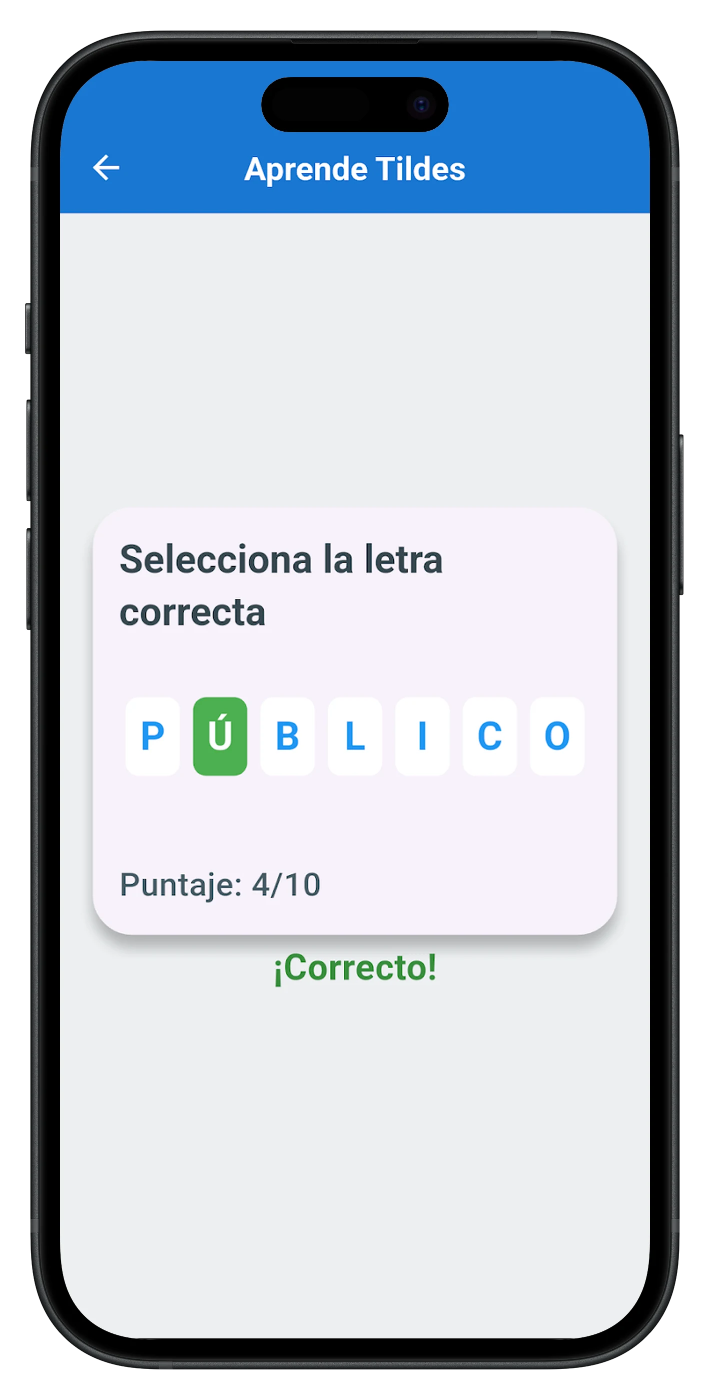 Ejercicio de AprendeTildes en un teléfono móvil