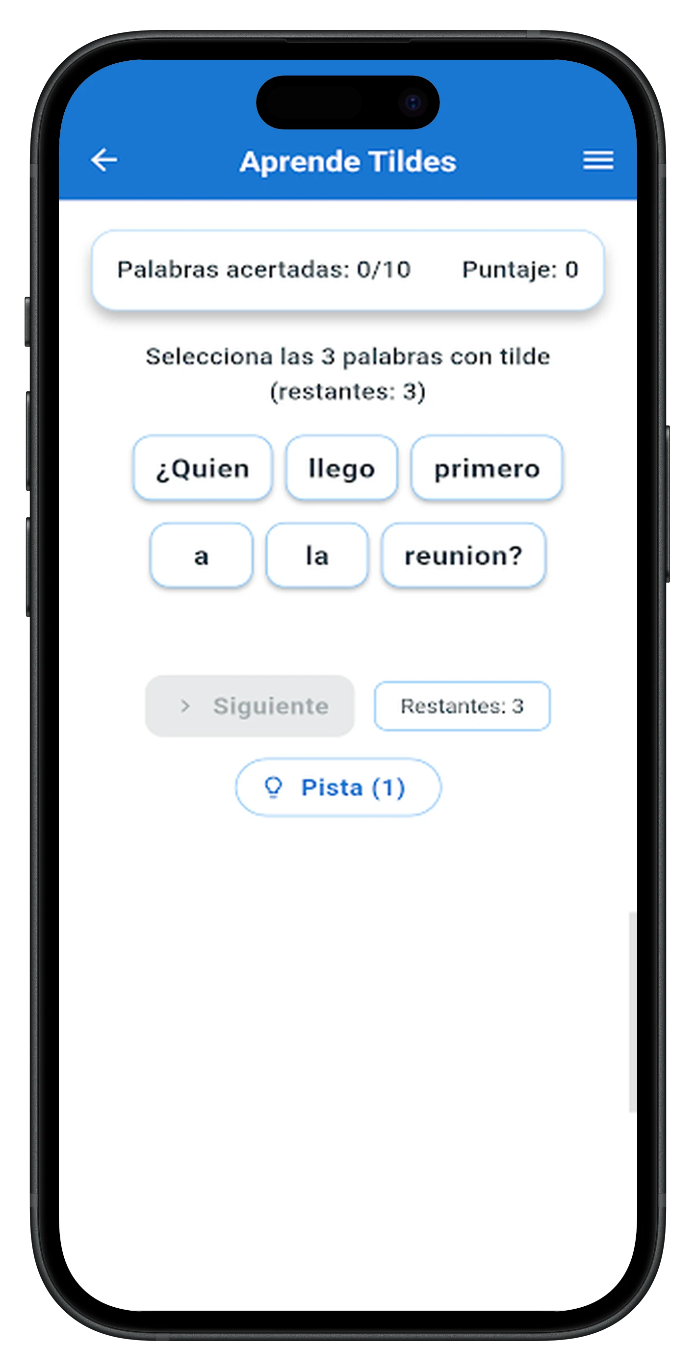 Ejercicio de AprendeTildes en un teléfono móvil