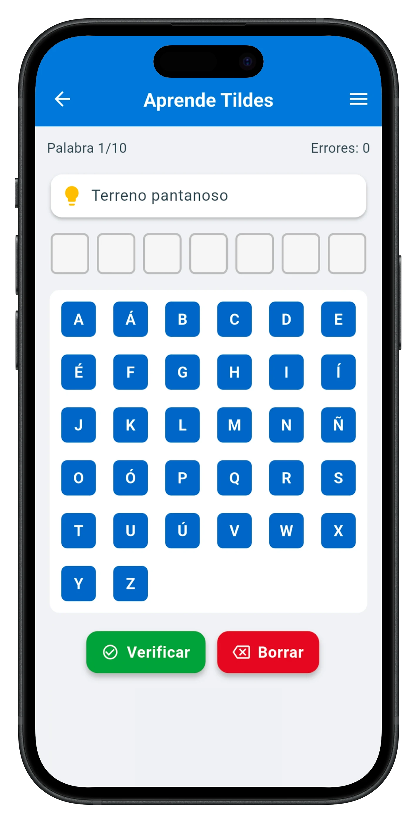 Juego de palabras de AprendeTildes en un teléfono móvil